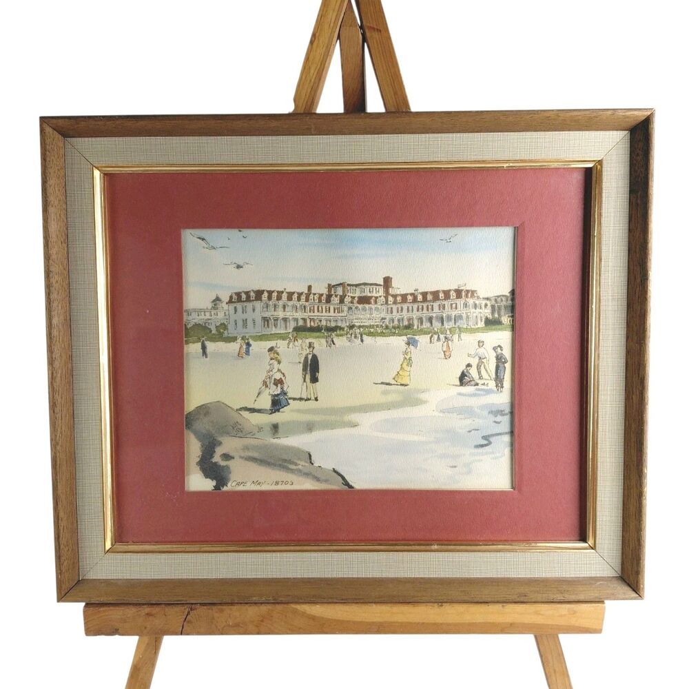 Vintage Mid Century Cape May New Jersey Watercolor Beach Windsor Hotel 1870s